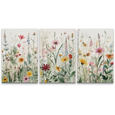 Vibrant Wildflower Green Garden Floral Boho Artwork Framed On Canvas 3 Piece Paintings Print Wall Decor