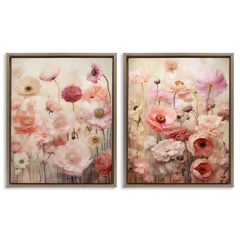 «Pink Blush Floral Field», ensemble de 2 toiles flottantes encadrées par RileyB, H 21 po x l 17 po