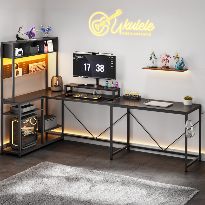 U-shaped Computer Desk With Pegboard and 4 Hooks Led Lights, Black