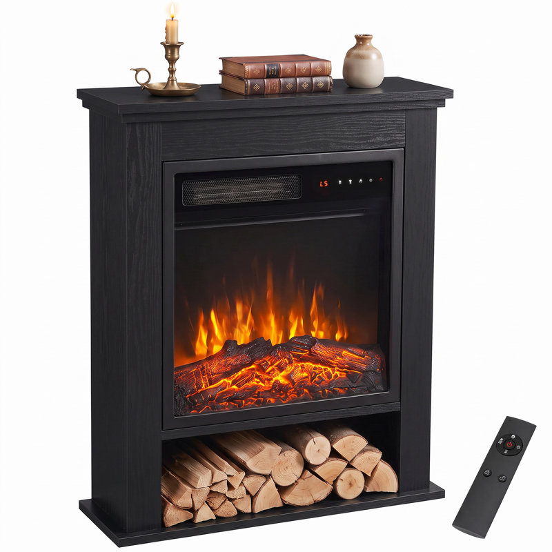 Freestanding Electric Fireplace Suite, 25" 1800W, Open Shelf, Oak, Black
