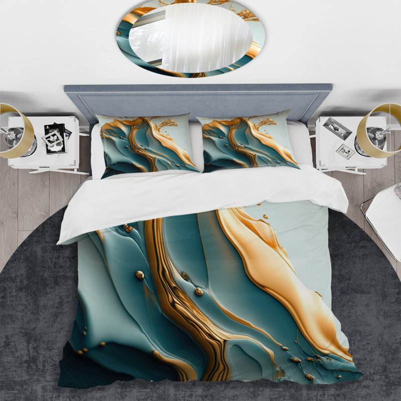 Ensemble de housse de couette en microfibre / polyester à motif abstrait feuilles bleues et dorées III