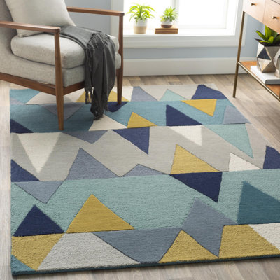 Sandin Geometric Hand-Tufted Wool Teal/Navy/Yellow/Gray Area Rug
