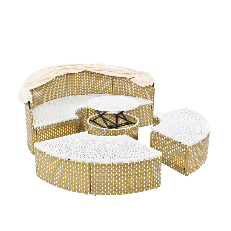 Sublime Round Rattan Patio Daybed With Retractable Canopy And Removable Cushions, Beige, Brown