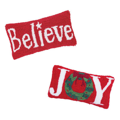 Traditional Christmas Joy Wreath Hooked Pillow