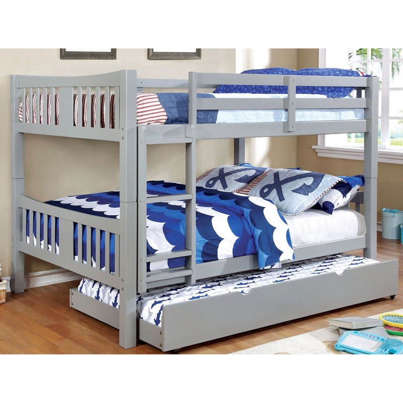 Lit superposé double de style gris et transitionnel, attaché, rails à joints verrouillables, lit gigogne inclus, fabrication en bois massif, 13 pièces Lattes, chambre à coucher avec finition, conception, structure, lit gigogne, cadre,