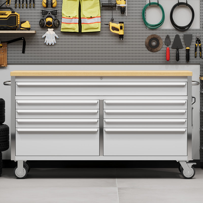 61-Inch Rolling Tool Chest with 15 Drawers – Sturdy Rubber Wood Worktop – Locking Wheels – Power Outlets & USB Ports – Heavy Duty Metal Storage Cabinet Workbench for Garage & Workshop, Silver, U.S. Regulations
