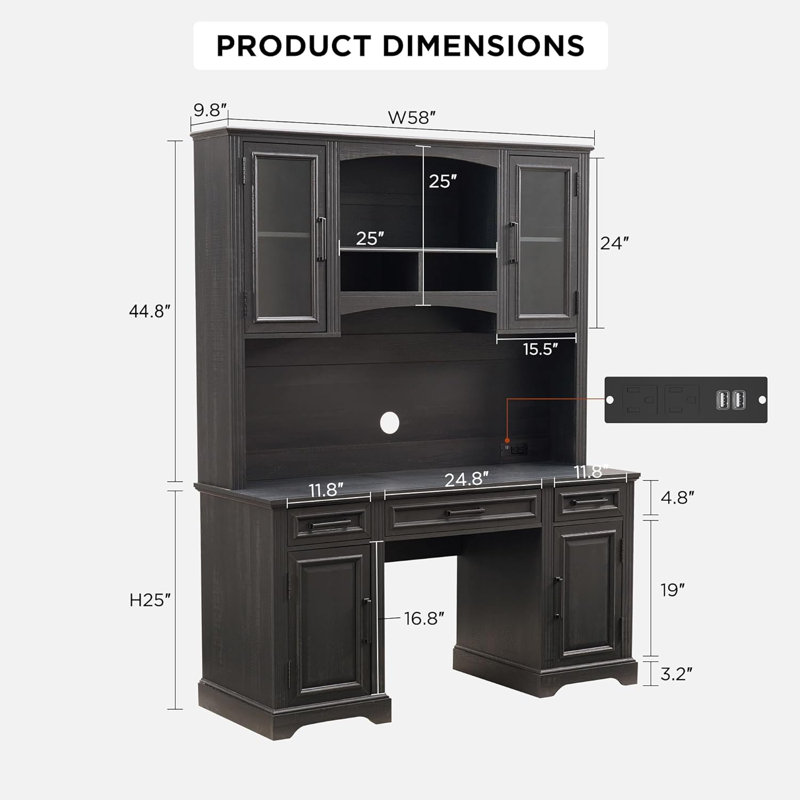 Dennison 76'' Farmhouse Computer Desk With Hutch And 3 Drawers, Black