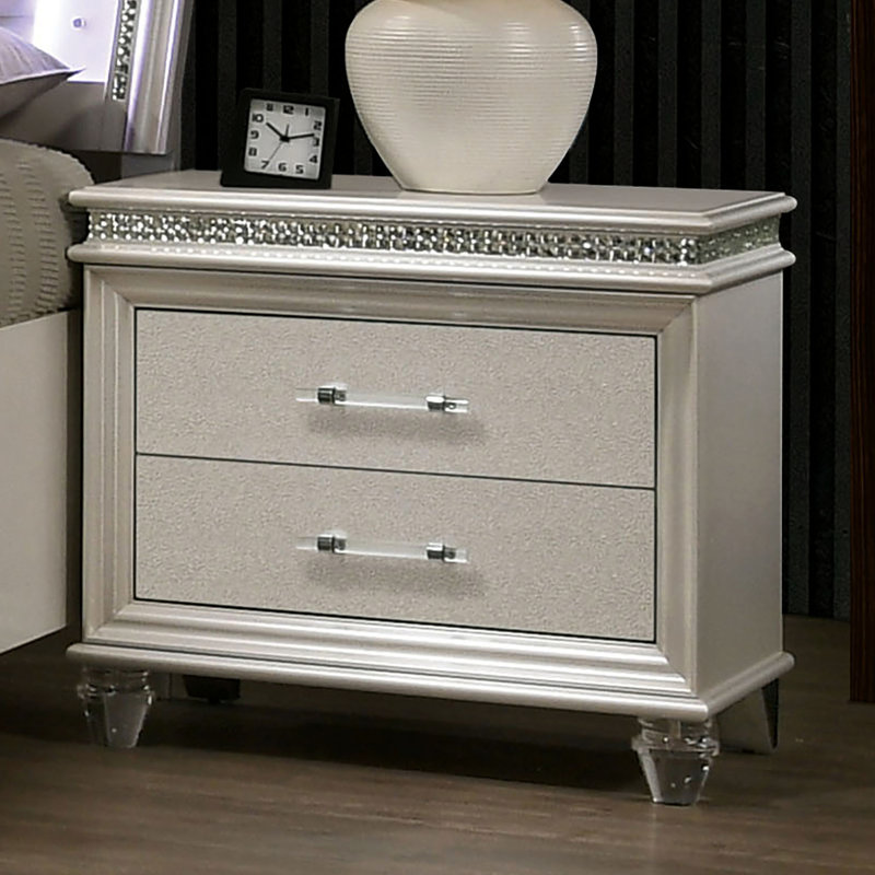 Table de chevet avec 2 tiroirs, blanc perle, décor en cristal et table de chevet 2 en bois massif, poignée décorative en plastique