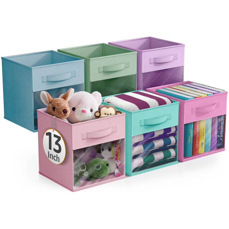 Sorbus Storage Bins with Clear Window - 6 Foldable Baskets with Handles, Bright Pastel, 13"  x 13"  x 13"