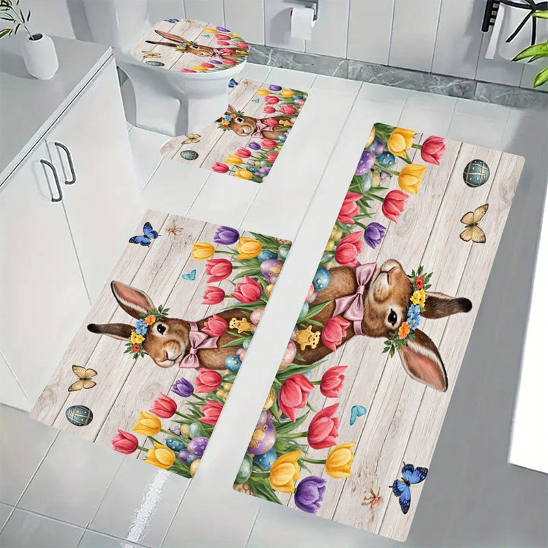 Ensemble de tapis pour salle de bain à motif de lapins avec couronne de fleurs, 4 pièces