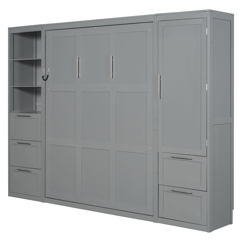 Grand lit escamotable mural avec garde-robe, tiroirs et tablettes - Grand lit escamotable pliable, gris, Gris