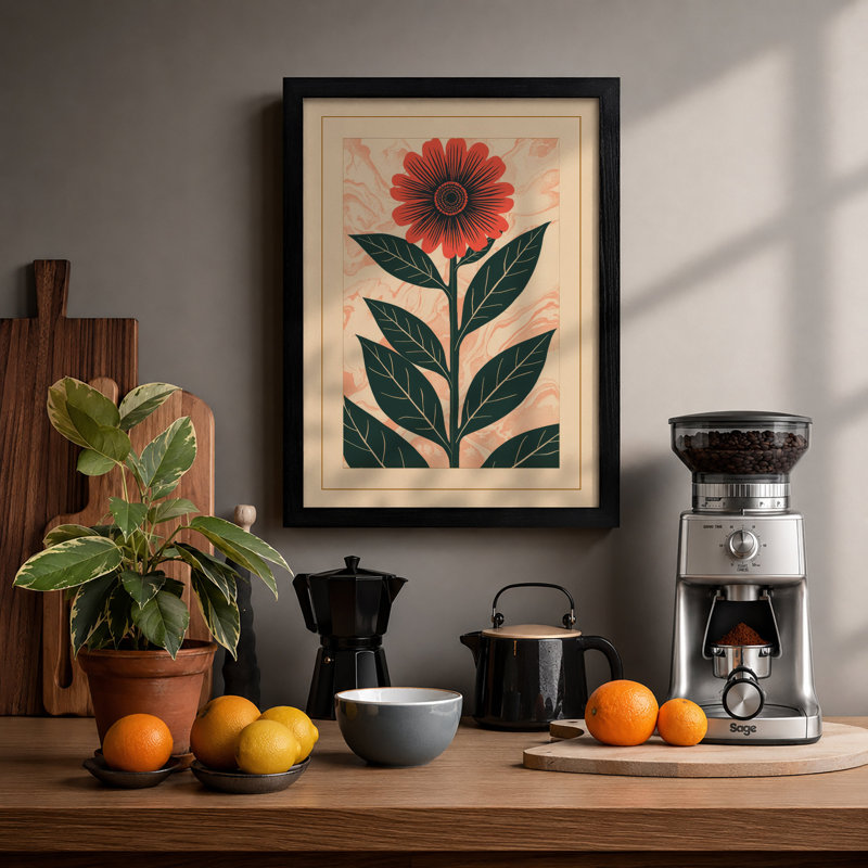 Red Gerbera Daisy Botanical - Framed Print, A3 - 42.0 x 29.7 cm, Black