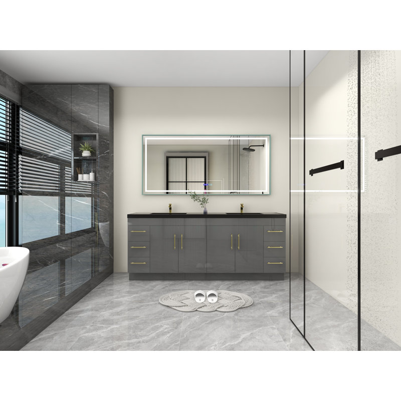 Ensemble de meuble-lavabo double 84 po Campney, Gris à haute brillance, Or mat