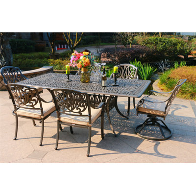 Round 4 - Person Long Aluminum Dining Set With Sunbrella Cushions Outdoor Dining Set Outdoor Table And Chairs