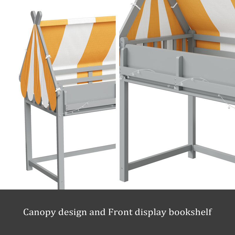 Lit mezzanine avec auvent, lumières DEL et étagère à livres, Gris, Lit double