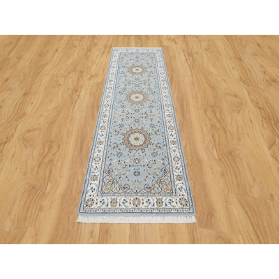 Tapis de couloir noué à la main en laine et en soie bleu beau 2 pi 8 po x 8 pi 4 po Nain