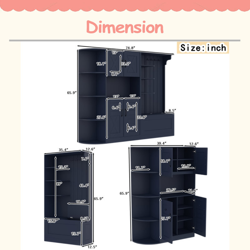 Multifunctional Left-Right Combination Hall Cabinet (Can Be Used Separately) With Storage And 4 Hooks, Storage Cabinet/ Hall Tree 2 In 1 For Living Room, Kitchen And Hallway