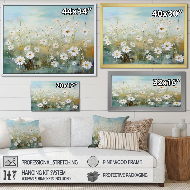 Marguerites au soleil, champ de fleurs I - Art mural champ de fleurs, Cadre simple blanc, H 16 po x l 32 po x P 0,5 po