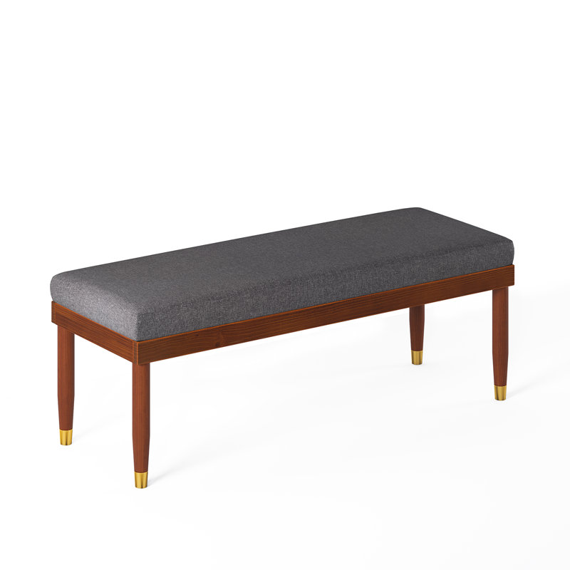Raymond Mid-Century 48" Grey Upholstered Bench with Brass-Tipped Legs