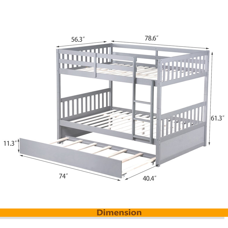 Full Over Full Rubber Wood Bunk Bed With Trundle, Ladder And Guardrails, Convertible To 2 Full Size Beds, With Twin Size Trundle