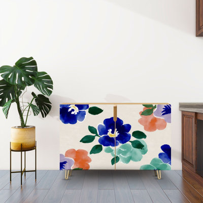 Sideboard Buffet Cabinet with Storage Colorful floral seamless retro style with 2 Doors for Living Room and Kitchen