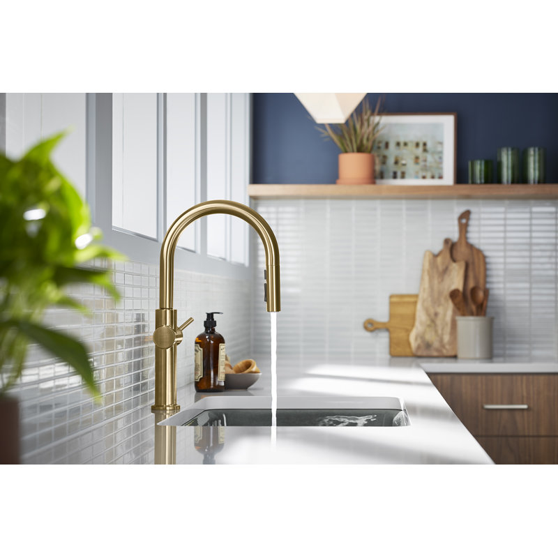 Kohler Crue Single Handle Pull Down Kitchen Faucet with Three-Function Pull Down Sprayer, Brass