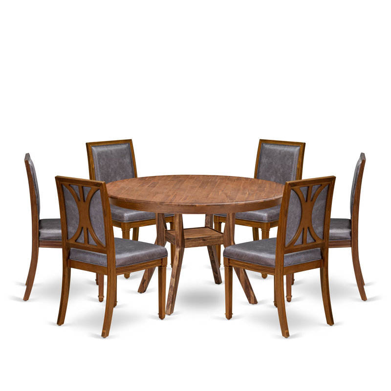 Ensemble de table 7 pièces comprenant une table à manger ronde et 6 chaises en polyester beige à dossier haut, fini noyer antique.