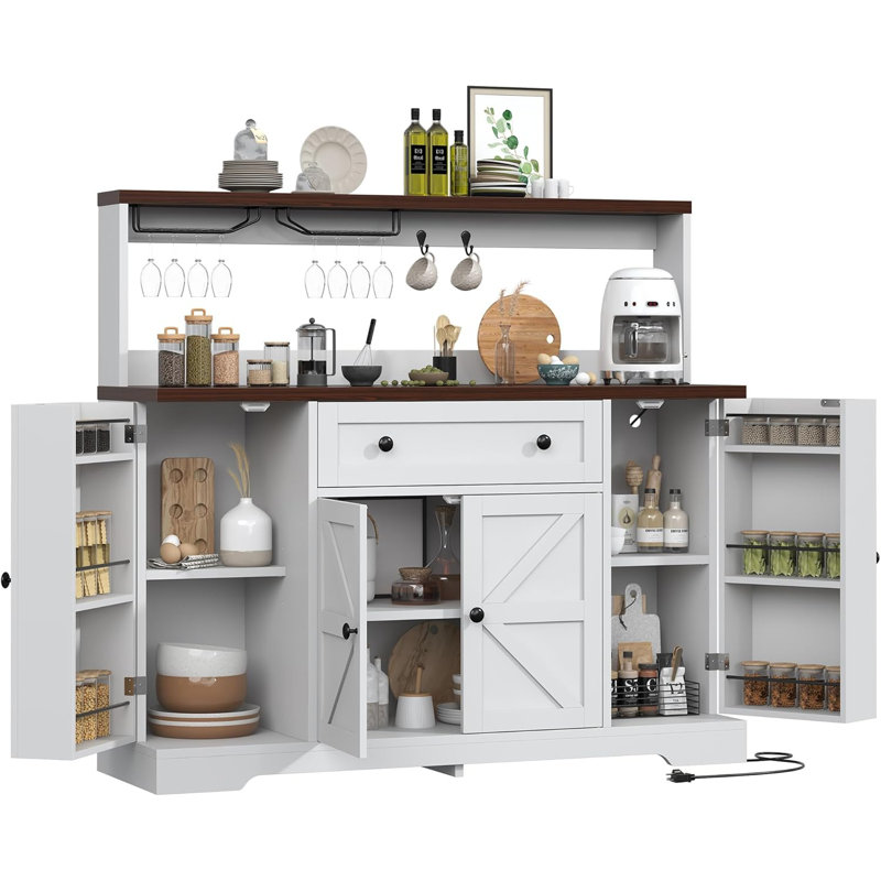Hutch Storage Buffet Cabinet with Drawers, and Charging Station, Coffee Bar Cabinet with Spice Rack , Wine Rack and Hooks,White Wood Sideboard Buffet for Kitchen, Dining Room, 47.8" High