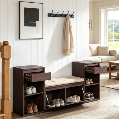 3-In-1 Shoe Storage Bench With Cushion,Solid Wood Entryway Bench With Drawers & Open Shelves