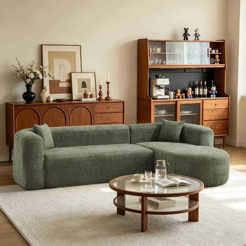 Canapé modulaire en L en chenille moelleux avec méridienne, Méridienne orientée à droite, Vert