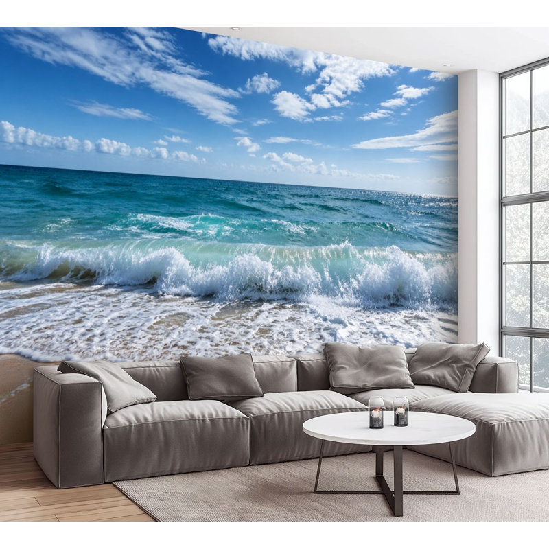 Papier peint auto-adhésif Ocean Waves Crashing Sandy Shore Turquoise Water Soft Cloudy Sky Wall Murals H 100 po x l 144 po Papier mural amovible en PVC auto-adhésif pour le salon de la chambre Bureau à domicile
