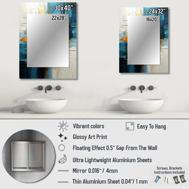 Gold Teal Abstract Fractal Collage Reflections II - Fractals Mirror, Modern Decorative Wall Mirror, Printed Metal Art