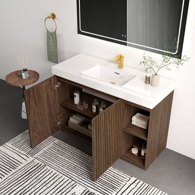 48" Winston Walnut Freestanding Bathroom Vanity With Integrated Quartz Sink, Fluted Panel Design, Soft-Close Doors, Side Open Shelf, White/Black Basin Options, Modern Bathroom Cabinet