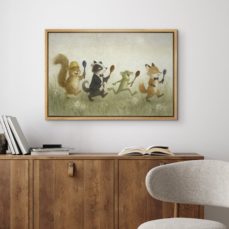 «Whimsical Animal Parade Kids Room Decor», reproduction d'art sur toile encadrée, H 24 po x l 36 po, Naturel