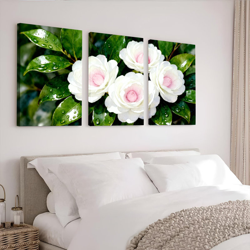 «White Camellia Flowers with Dew Drops», art mural tendu sur toile, ensemble floral (ensemble de 3), H 24 po x l 48 po