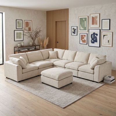 7-Seat Modular L-Shaped Chenille Sectional with Movable Ottoman