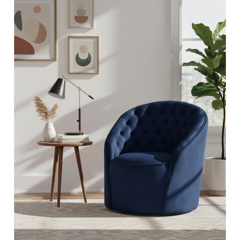 Alessio Velvet Upholstered Swivel Barrel Chair, Navy Velvet