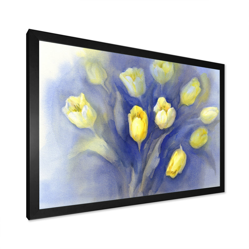 Tulipes sur bleu II - reproduction sur toile, Cadre d'angle fermé noir, H 8 po x l 12 po x P 1 po