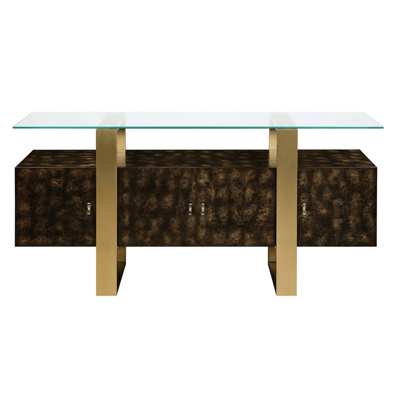 Console de rangement avec plateau en verre trempé et 4 tiroirs en laiton et laiton antique