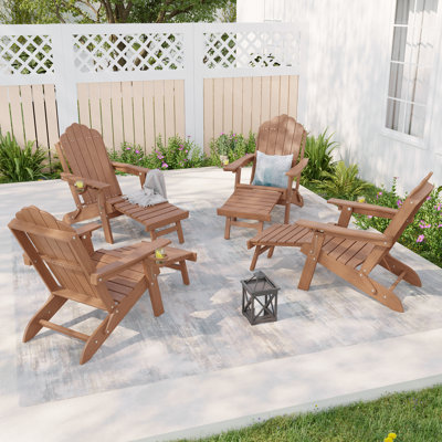 Chaise Adirondack toutes saisons en PEHD avec repose-pieds, foyer d'extérieur réglable à 3 positions et pliable avec porte-gobelet pour pelouse, terrasse et bord de piscine (ensemble de 4)