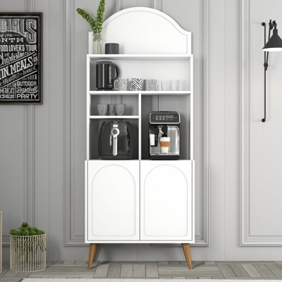 Modern Coffee Bar Cabinet, White & Walnut, 32.0 x 79.1 x 13.8 inches | 100% Melamine Coated Particle Board, Thickness: 0.7 inches | Features Multiple Shelves, Stylish Design for Home & Office, Durable & Elegant Storage Solution
