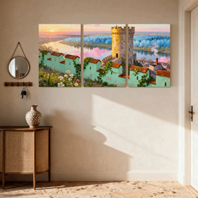 «Mid-Century Castle Tower Village River Sunset Flowers Spring Landscape», ensemble de 3 impressions sur toile