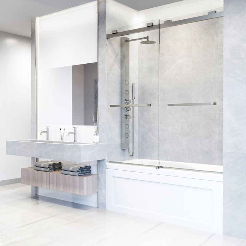 Houston 56-60" W x 66" H Double Sliding Frameless Tub Door with 3/8" Clear Glass, Stainless Steel