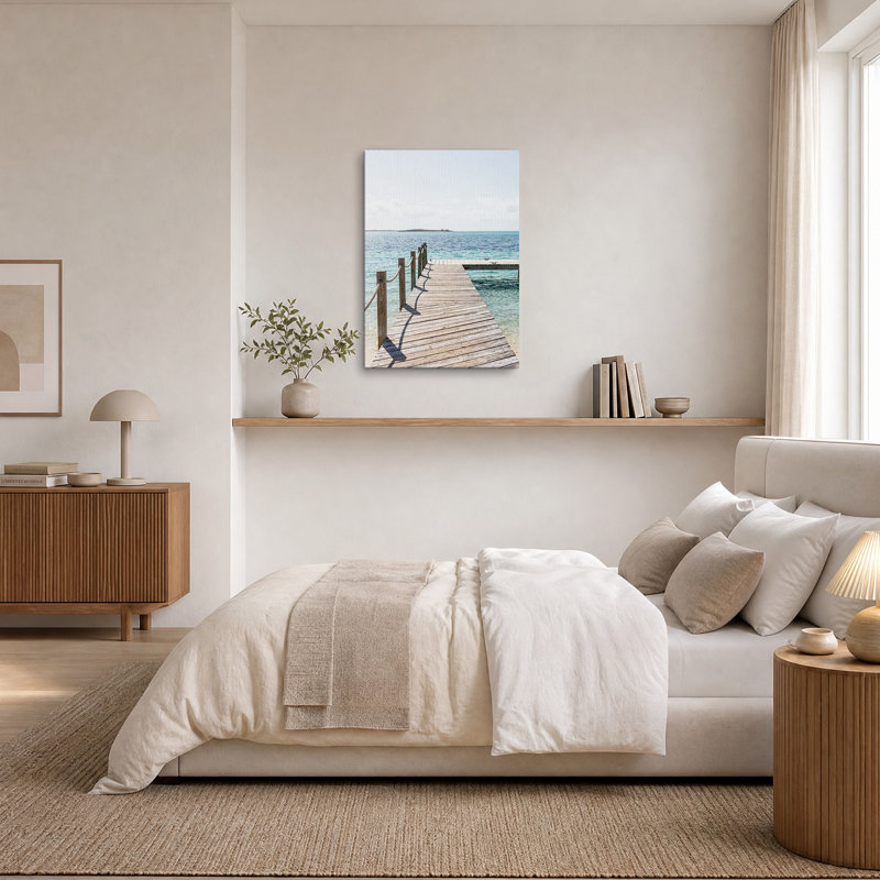 Tableau sur toile représentant une jetée en bois avec une rambarde en corde surplombant une eau turquoise, H 30 po x l 20 po