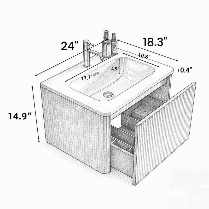 Meuble-lavabo rayé en chêne brut avec lavabo à surface solide blanc, conception flottante murale pour salles de bain modernes