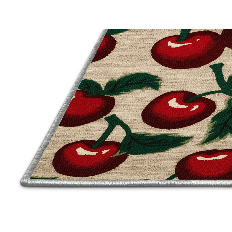  Tapis lavable à motif de cerises et de fruits acérola, Rectangulaire 2 pi x 3 pi