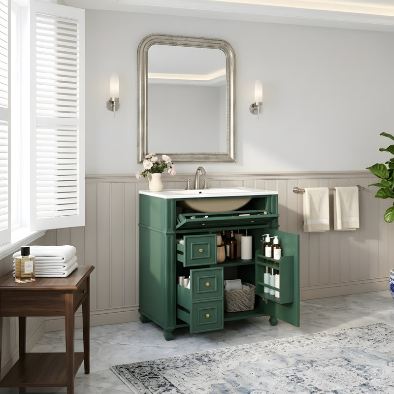 Meuble-lavabo de salle de bain avec lavabo en céramique, 30 po, armoire de rangement avec portes à fermeture douce et organisateur de porte