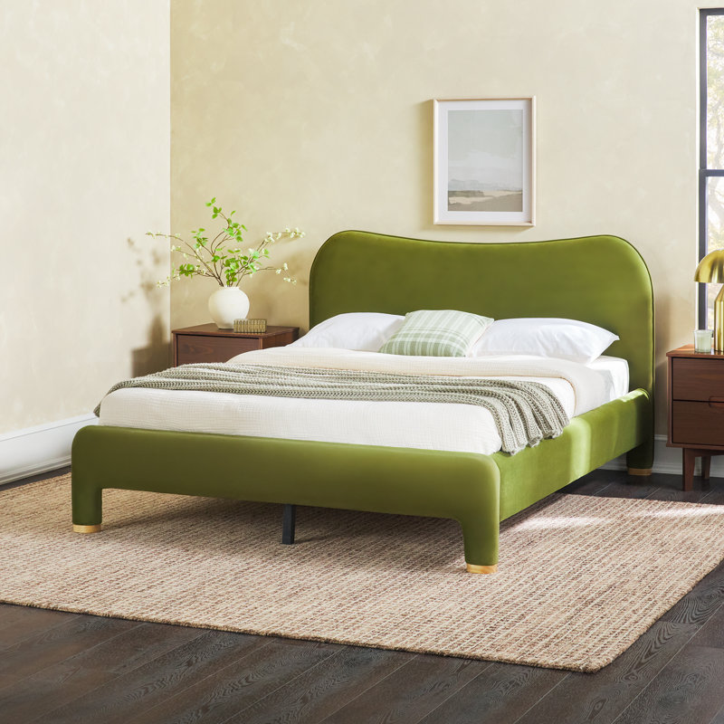 Sitarski Modern Curved Upholstered Bed, Green, Queen