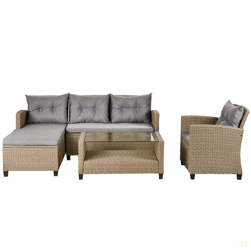 Extérieur, ensembles de meubles de patio, ensemble de conversation 4 pièces, canapé modulaire en osier avec coussins de siège