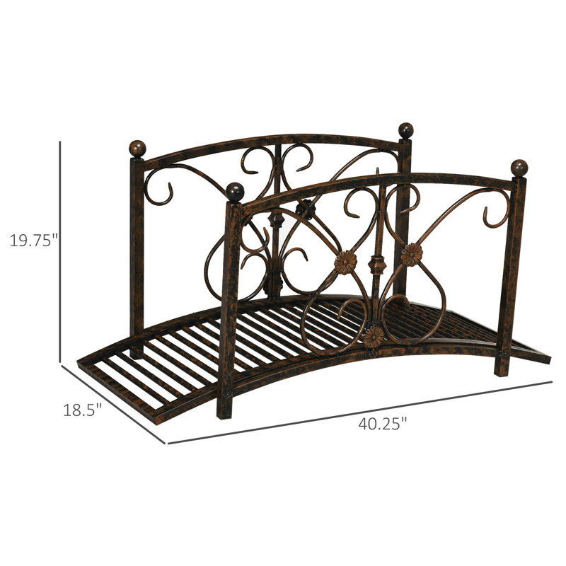Outsunny 3.3FT Metal Arch Zen Garden Bridge with Safety Siderails, Decorative Footbridge, Delicate Floral Scrollwork for Stream, Fish Pond, Brown